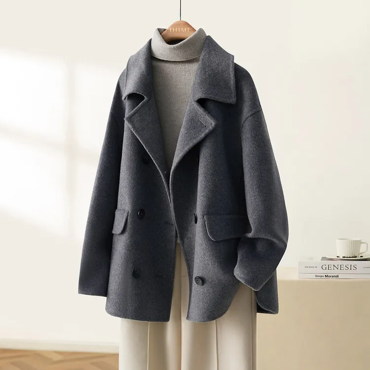 IHIMI/海谧【轻语】25冬新款短款翻领休闲手工双面呢绵羊毛大衣外套