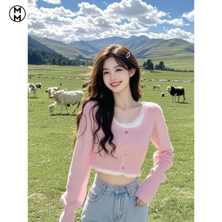 MM法式方领假两件套蕾丝秋冬女长袖针织衫朝鲜式小个子短针织衫