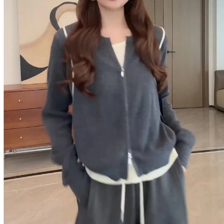 洋气简约风日常通勤休闲撞色条双头拉链假两件针织衫LK2506281