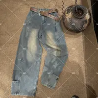 【格子家】美式高腰裤脚口袋设计做旧复古牛仔裤加腰带B560