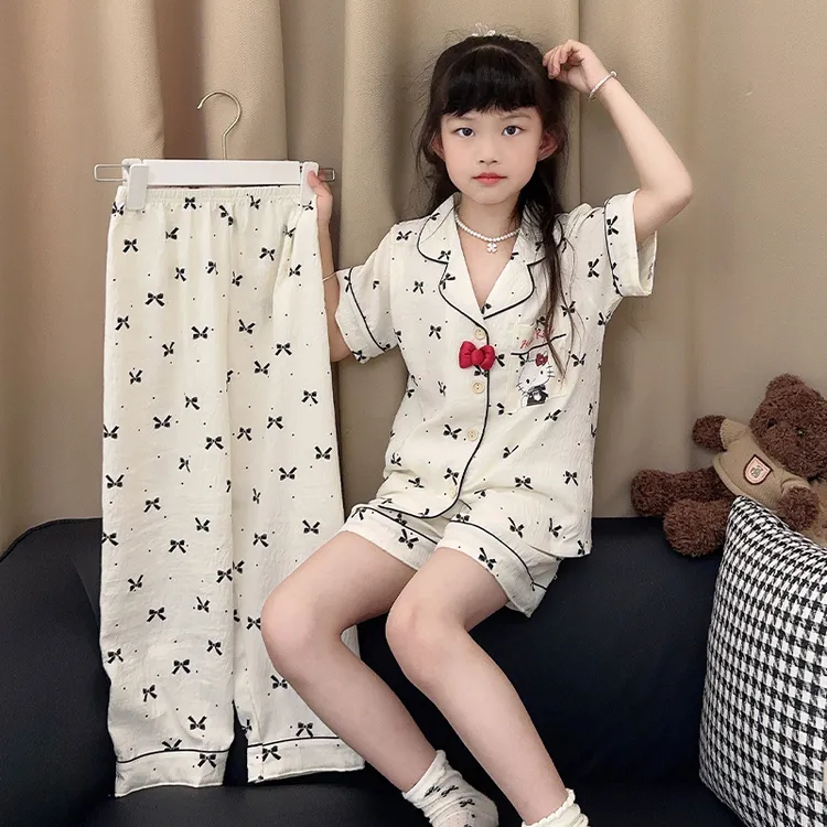 2025新款儿童睡衣女童云朵棉短袖三件套夏季女孩卡通可爱家居服