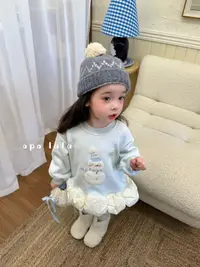 敏敏”OP强推蓝色雪人花朵卫衣裙女童秋冬加绒加厚上衣裙77015