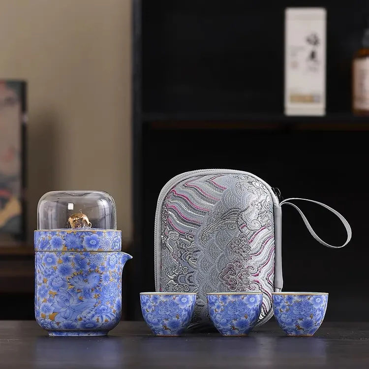 178青花手抓高端旅行快客杯一壶三杯户外旅行套装便携式茶具陶瓷