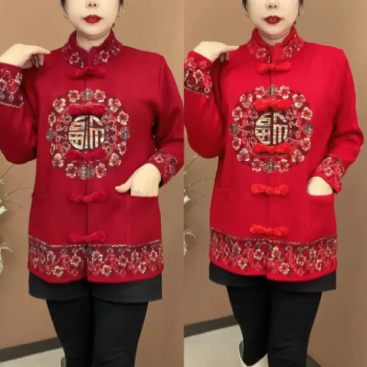 1101新款唐装红色毛衣中老年针织开衫