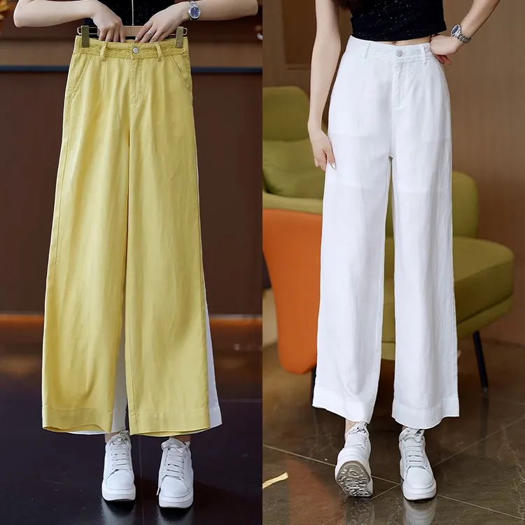 亚麻直筒阔腿裤子女夏季2025新款高腰薄款透气垂感休闲窄版九分裤