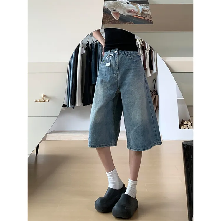 高腰七分阔腿牛仔裤女夏季新款宽松显瘦设计高个子休闲百搭直筒裤