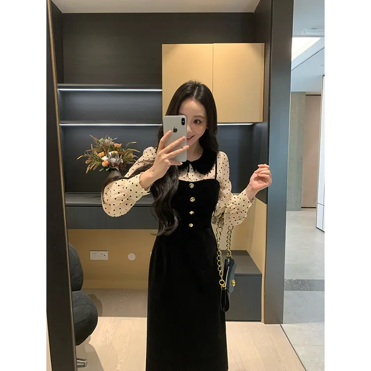 XINYI【名媛茶会】秋冬拼接假两件丝绒连衣裙显瘦气质X625Q15931