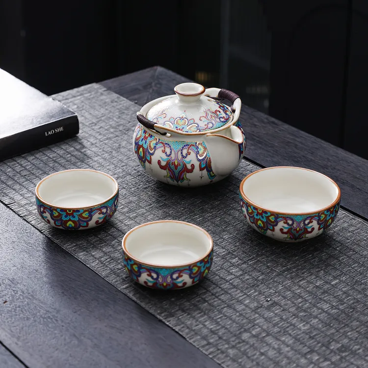 唐韵汝窑手抓宝瓶旅行茶具快客便捷出门家用陶瓷茶具金银错珐琅彩