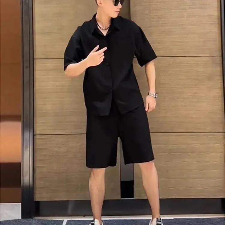 夏季轻薄冰丝短袖衬衫短裤套装男生酷痞帅两件套亚麻天丝全套男裤