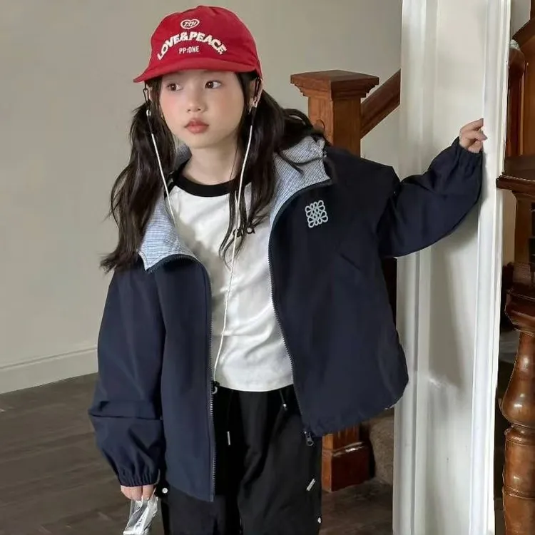 女童秋季外套冲锋衣外套中大童外套秋季春秋款藏青色女童外套秋季