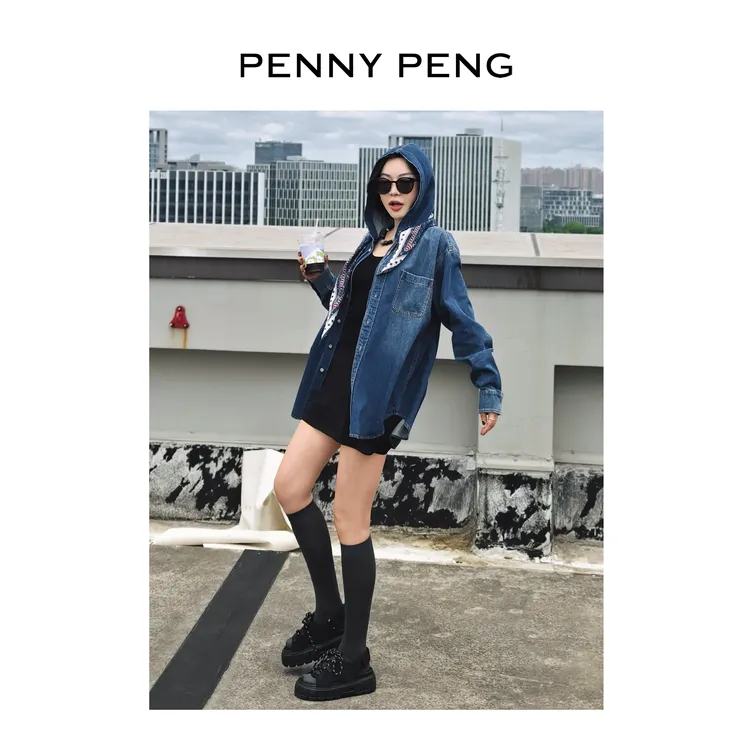 PENNYPENG 丹宁新潮 连帽牛仔外套休闲长袖上衣老钱风松弛感女装