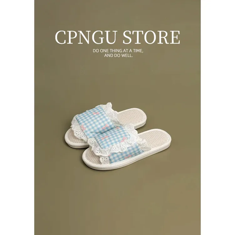 CPNGU 蓝格蕾丝花边亚麻拖鞋女2025新款四季居家室内防滑漏趾凉拖