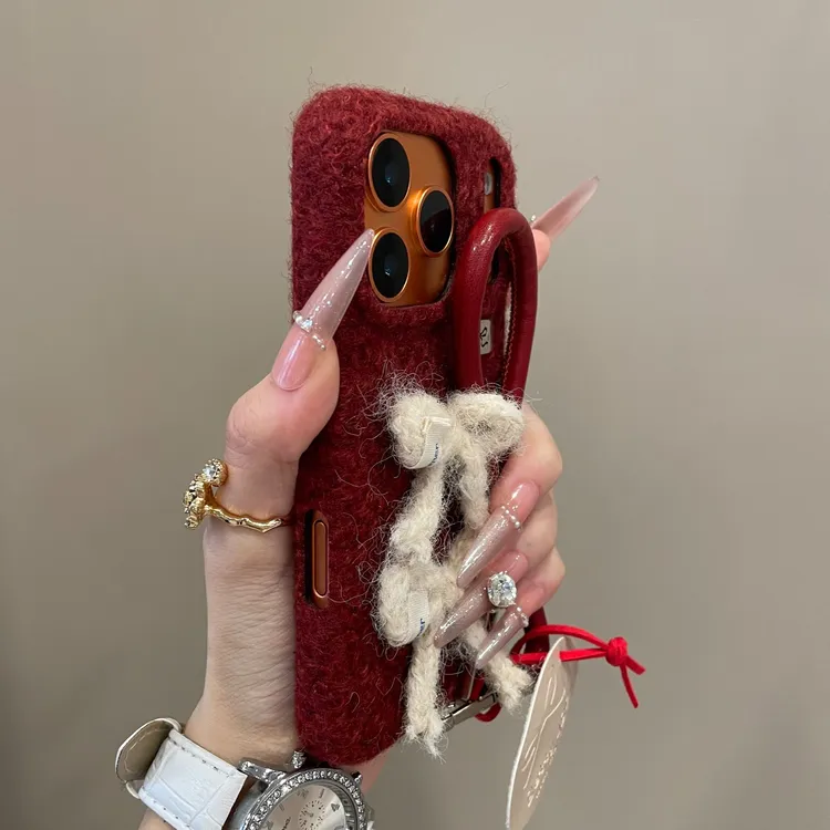 秋冬毛绒立体标签蝴蝶结适用iPhone17手机壳16pro时尚15pm新款14