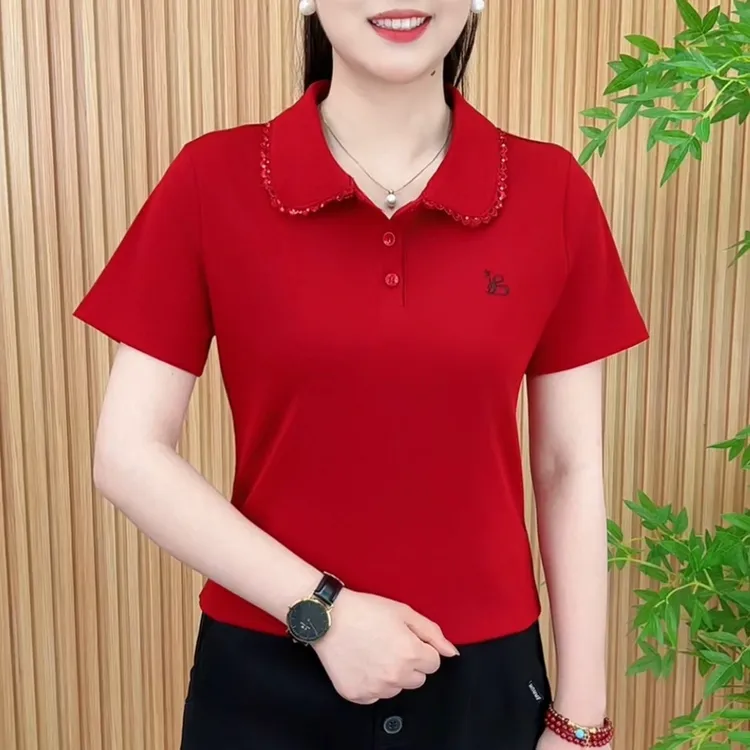 2025夏季时尚潮流新款设计花边翻领刺绣百搭遮肉气质短袖A2611