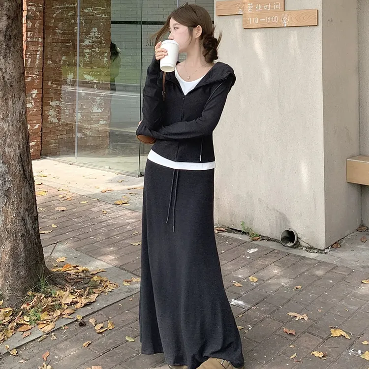 大码胖mm韩版宽松休闲显瘦假两件连帽上衣+半身裙两件套