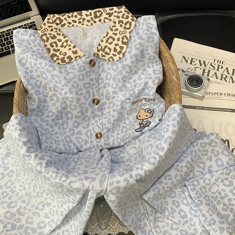 【三件套蓝豹纹凯蒂猫】云朵绵夏季短袖卡通睡衣少女家居服套装