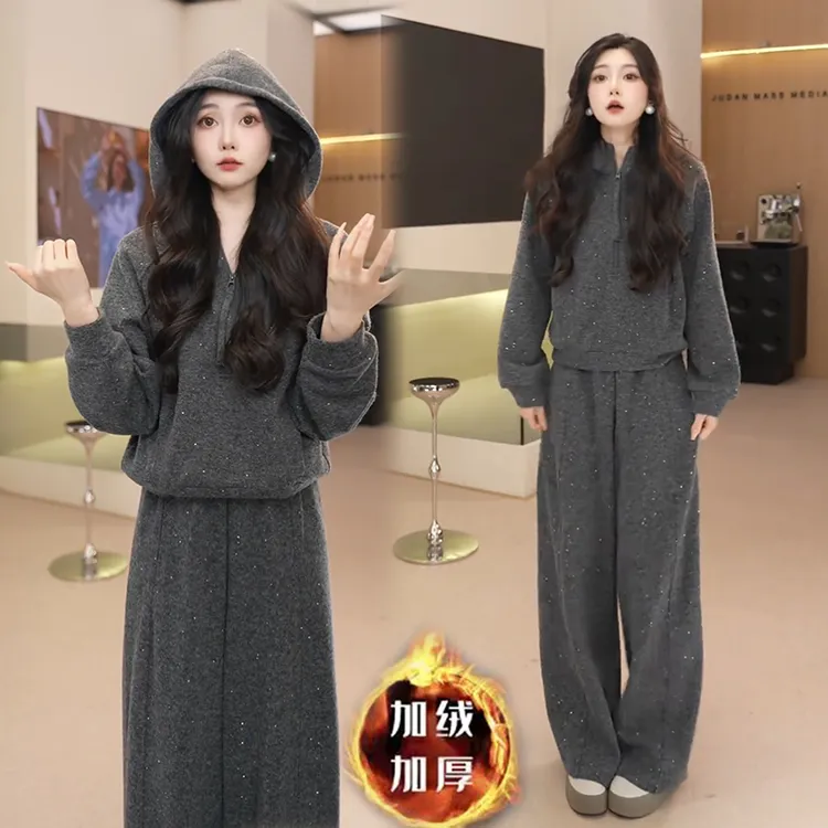 拉夏贝尔加绒加厚套装女2025秋冬新款减龄连帽卫衣阔腿裤两件套潮