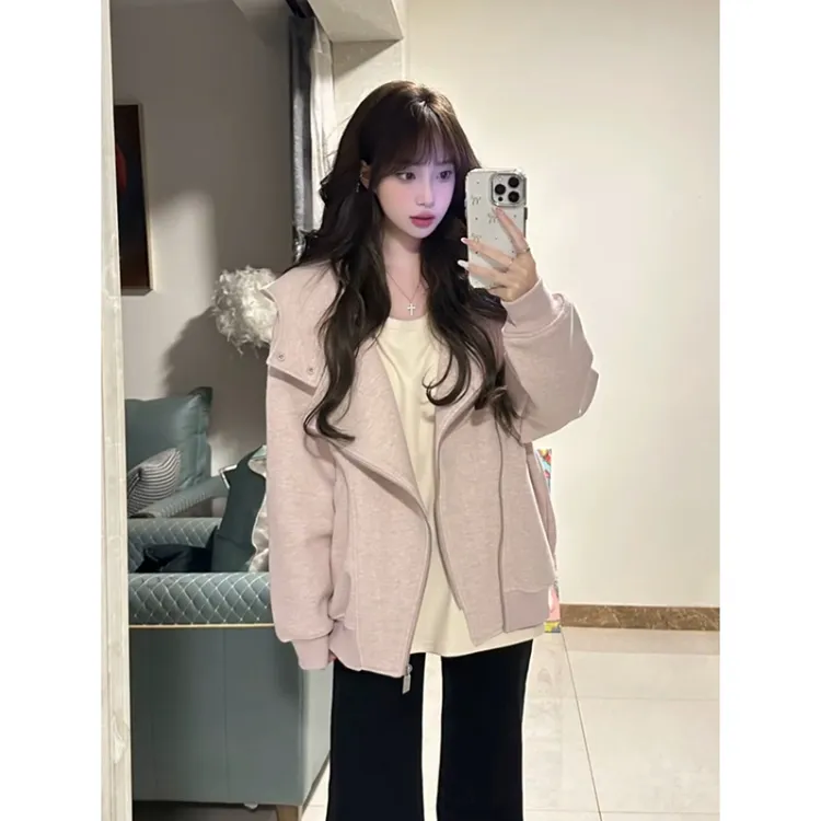 美式复古拉链连帽卫衣女韩系简约开衫早秋宽松刺绣设计外套 