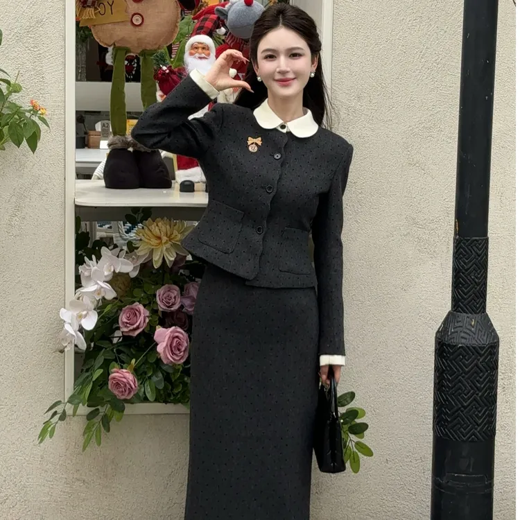 李李穿搭 高智千金高级感小香风灰色小香风上衣半身裙套装两件套