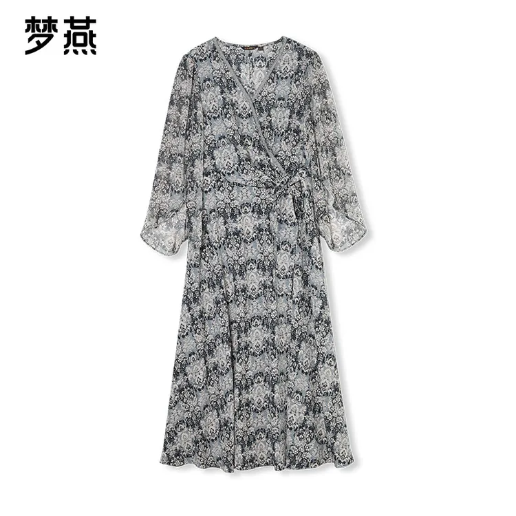 梦燕春秋女款碎花优雅气质收腰显瘦长裙时尚提花连衣裙AB02B5004