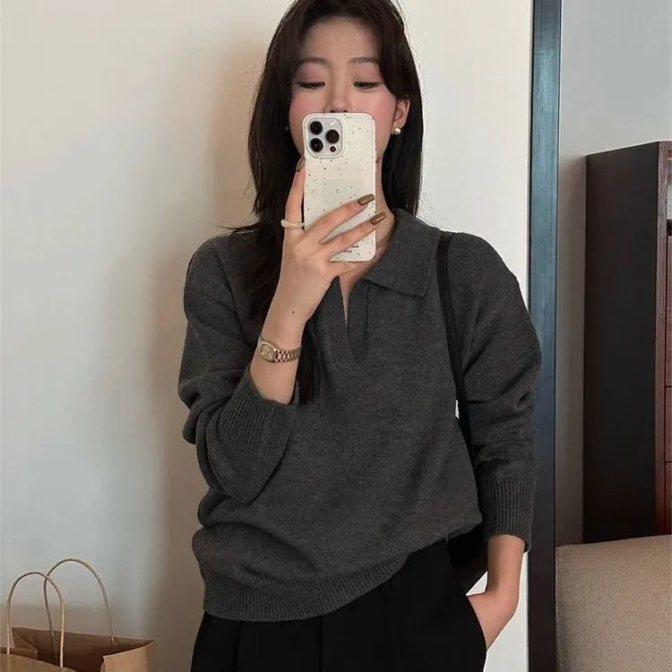 法式长袖针织衫秋冬女款复古叠穿毛衣简约时尚打底衫女装上衣