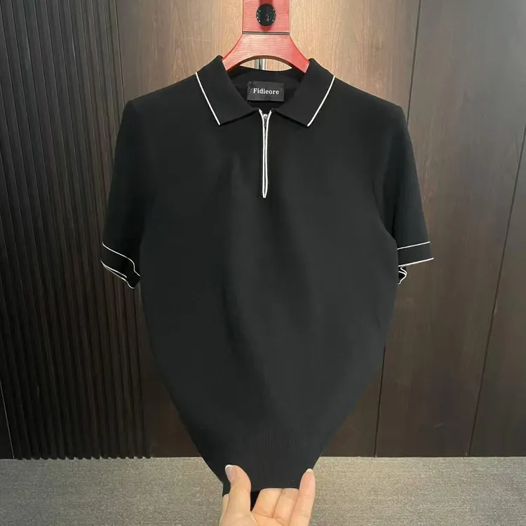 早秋男士新款翻领时尚休闲拉链针织短袖