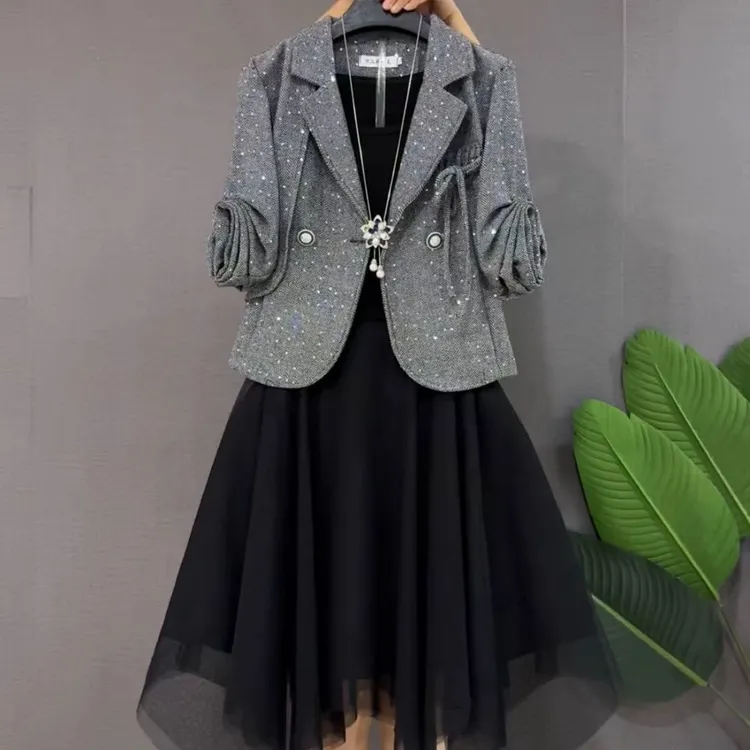 气质名媛淑女亮晶晶西服外套+纱网连衣裙两件套大