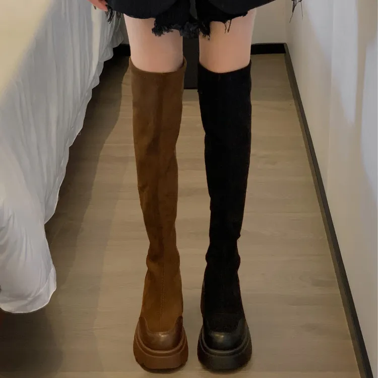 贾不假女弹力靴2025秋冬新款时尚气质复古小个子粗跟过膝长筒靴子
