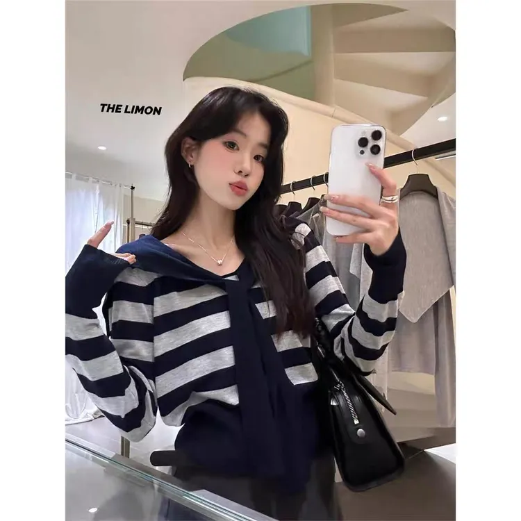 韩系减龄条纹飘带海军领针织衫女小众洋气宽松显瘦披肩两件套上衣