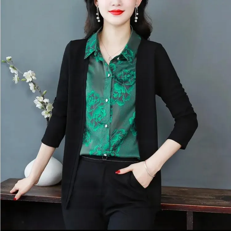 高档假两件衬衫女妈妈秋装时尚拼接开衫长袖打底衫气质