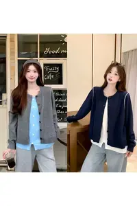 慵懒风假两件撞色针织开衫上衣女2025秋季新款大码胖mm时尚百搭