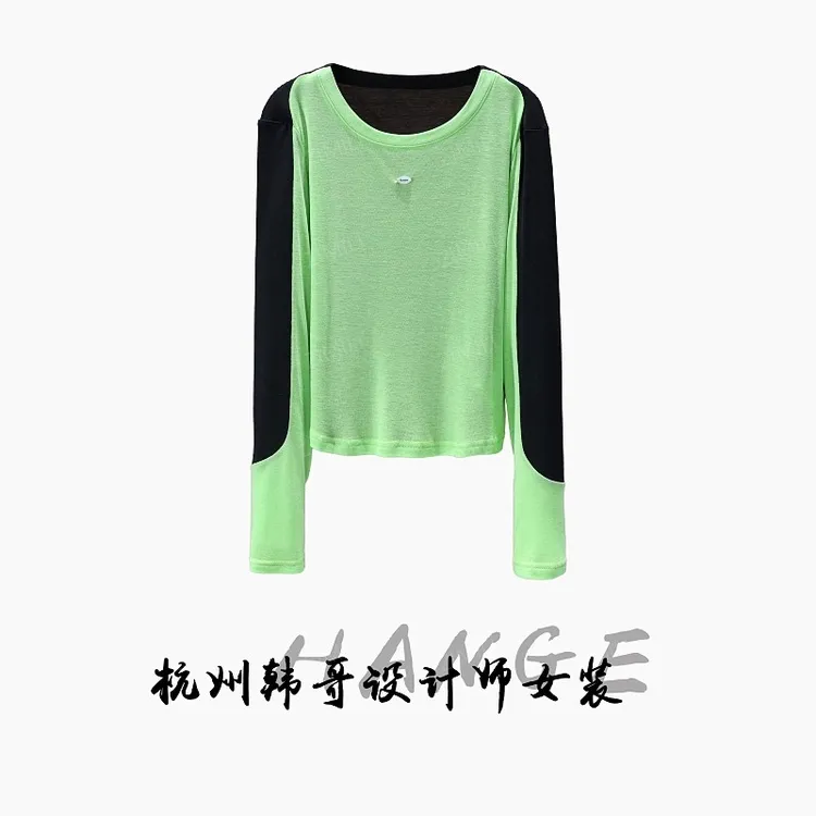 【韩哥女装】2025秋冬新品青苹果绿撞黑色休闲高弹打底上衣10083