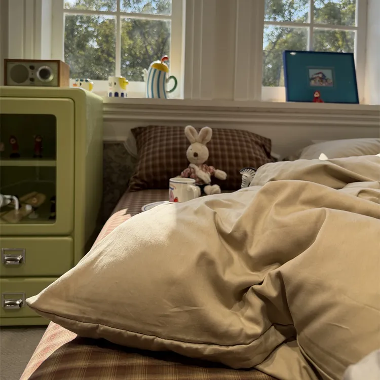 易安阁北欧混搭水洗棉摩卡咖格套件全棉1.5m1.8米公寓被套三件套