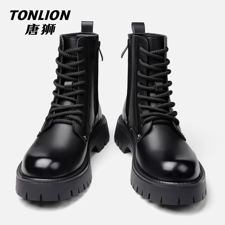 唐狮男鞋2025冬季加绒马丁靴英伦风黑色工装皮靴厚底高帮8孔靴子