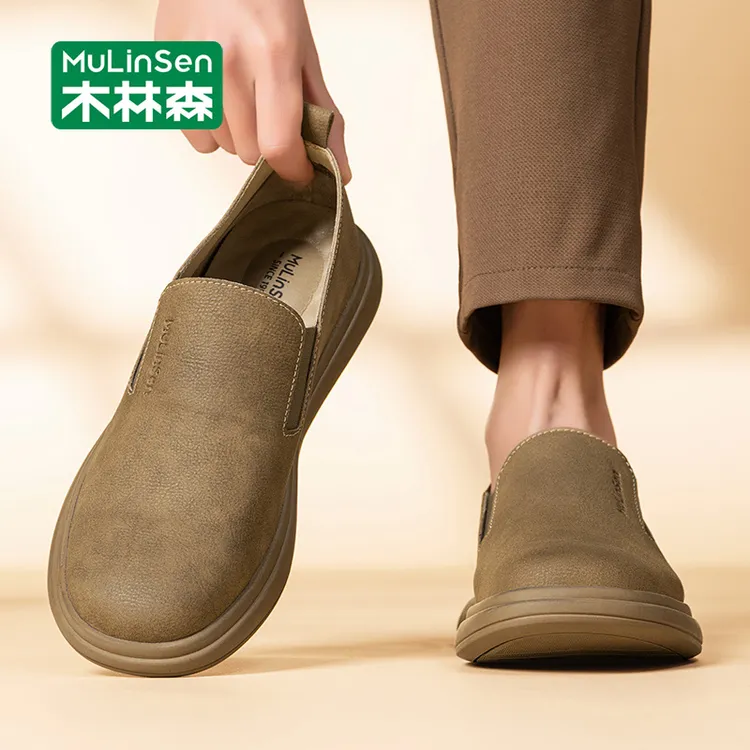 木林森真皮男鞋2025新款休闲一脚蹬皮鞋男软底防滑上班男款豆豆鞋