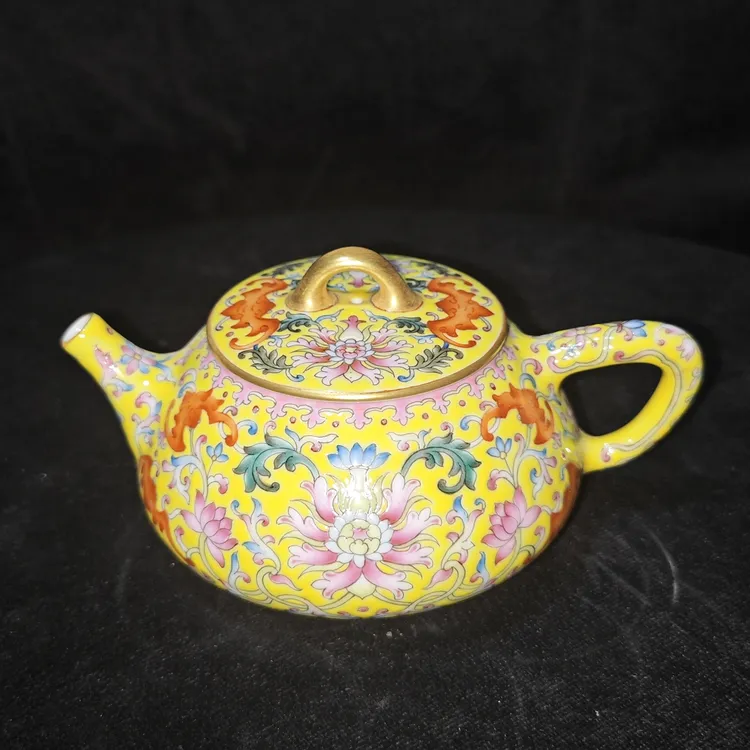 景德镇现代高档精品陶瓷手工手绘粉彩缠枝莲描金图茶壶