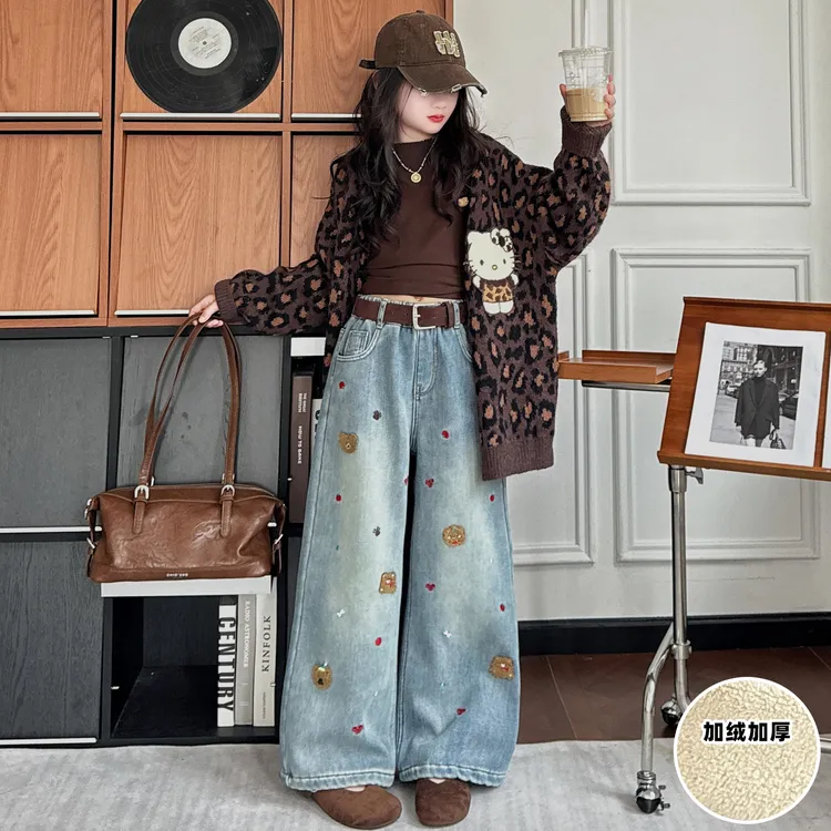 女童牛仔裤秋冬新款加绒加厚儿童洋气爆款女孩百搭直筒刺绣阔腿裤