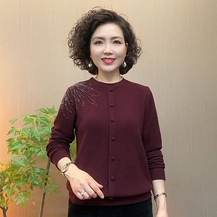 秋冬中老年妈妈装宽松洋气气质流光风纯色保暖烫钻女士舒适打底衫