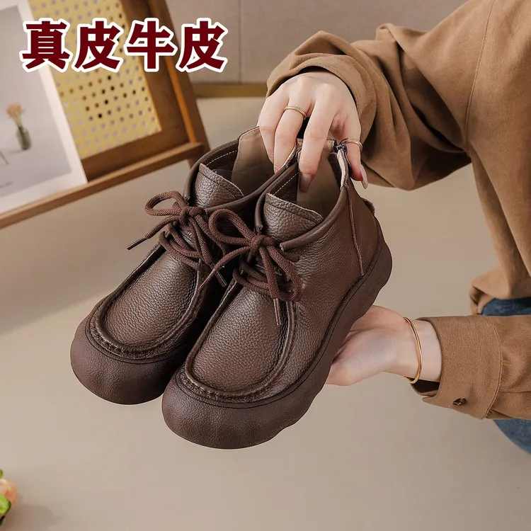 头层牛皮百搭马丁靴女真皮系带平底短靴秋冬低跟单靴羊毛棉靴