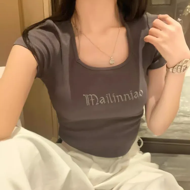 纯棉美式复古字母刺绣修身低胸露锁骨T恤露脐高腰显瘦辣妹短款