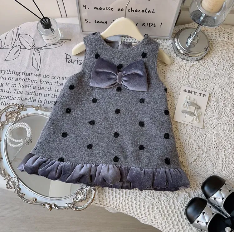 秋冬新款女童连衣裙儿童洋气时髦夹棉背心裙小女孩加厚毛呢公主裙
