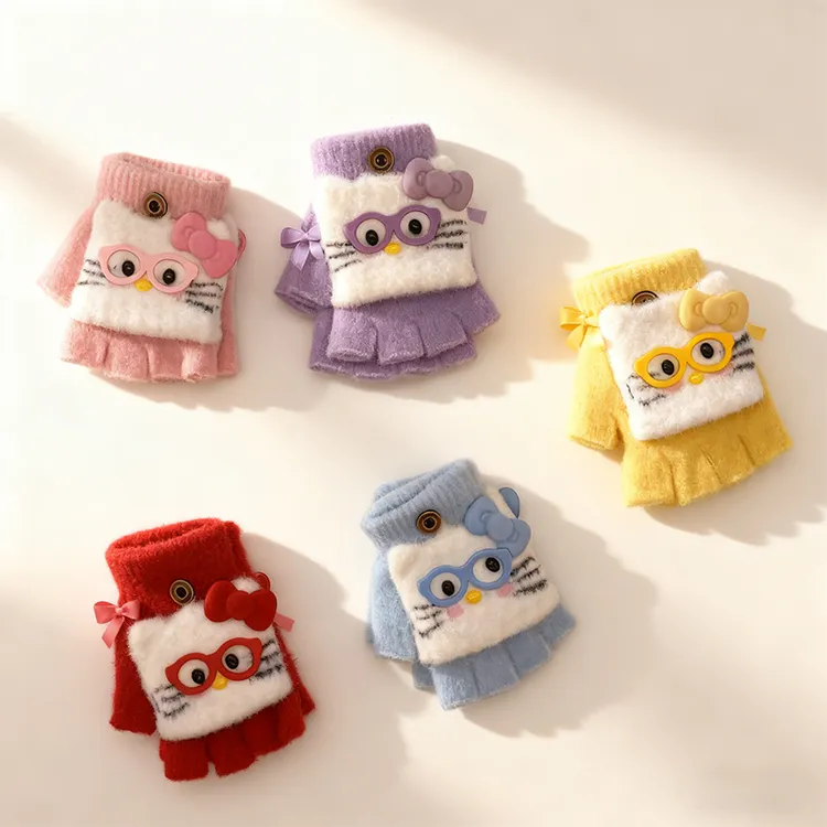 儿童手套3-7岁保暖卡通加厚小孩冬季男女童宝宝翻盖可爱半指写字