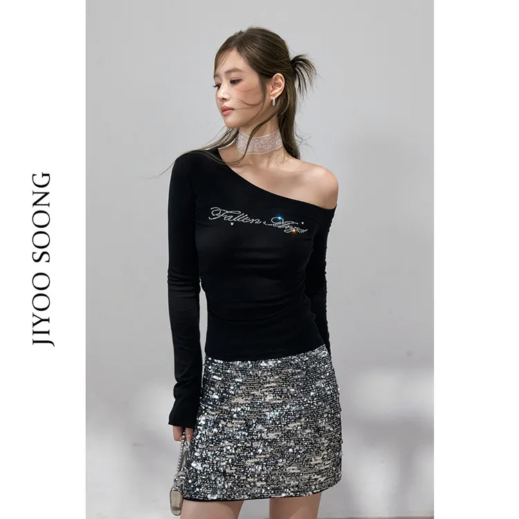 JIYOOSOONG | 纯欲慵懒风女装闪钻斜肩长袖毛衣秋装日韩服装