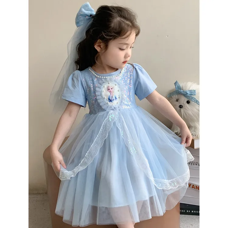 新款女童夏季表演公主裙韩风潮可爱连衣裙代发童装粉蓝两色