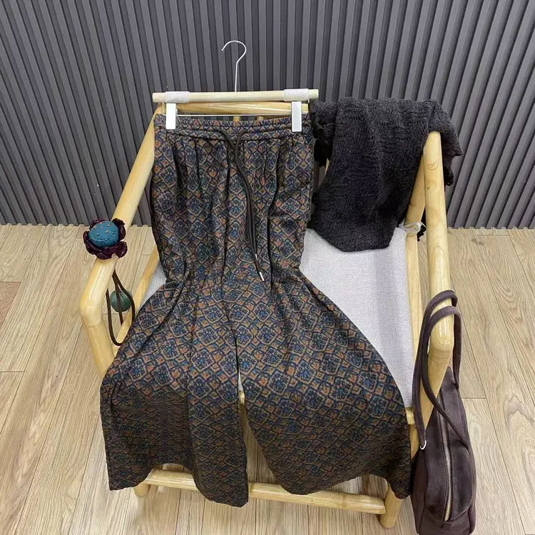 秋季高腰抽绳复古印花纯棉阔腿裤宽松百搭显瘦文艺长裤女K99928