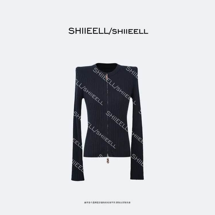 SHIIEELL高智风时尚印花棉毛混纺16针竖坑条圆领修身开衫ZH493