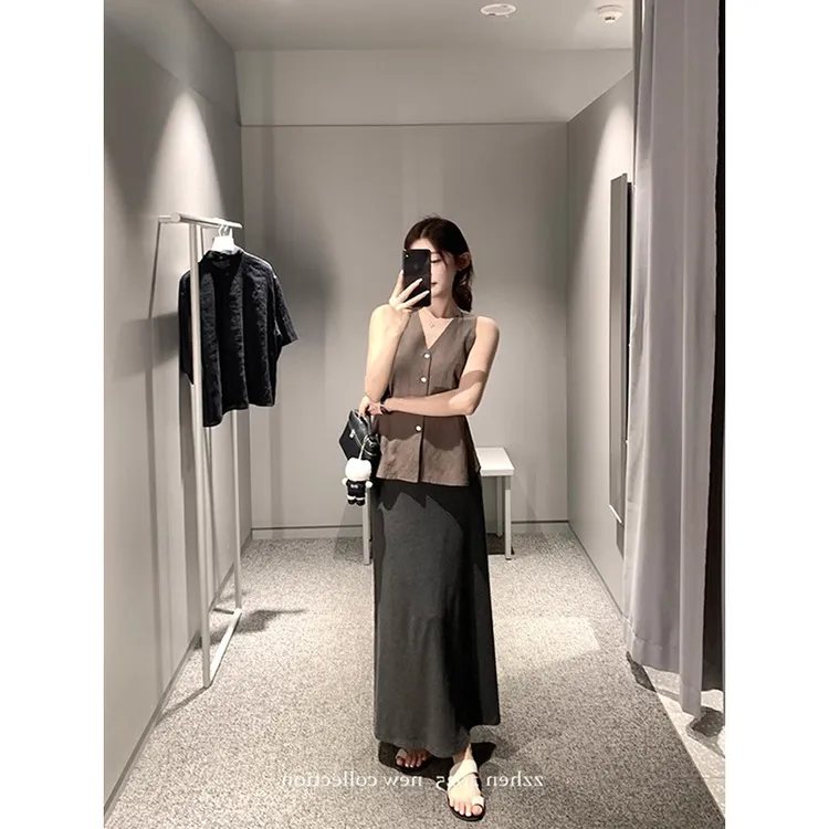 气质深灰色莫代尔半身裙女夏季款垂坠感鱼尾裙小个子a字包臀长裙