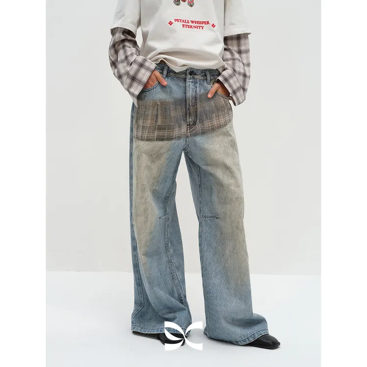 SQUARE CIRCLE 方圆3D立体裙摆印花街头复古做旧宽松牛仔裤长裤