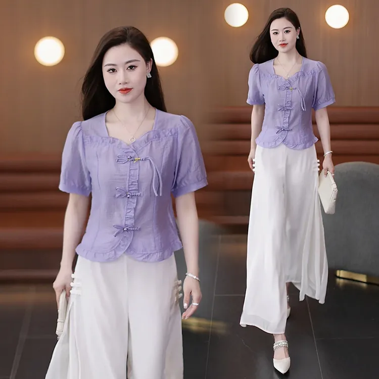 新中式时尚洋气套装女2025夏季新款设计感盘扣衬衫阔腿裤两件套潮