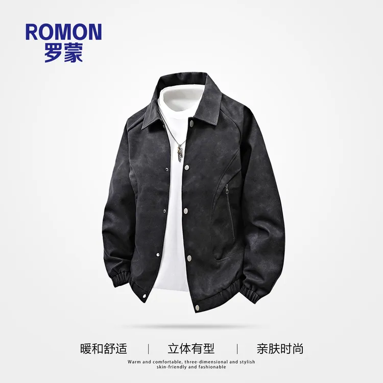 罗蒙新款皮衣男翻领休闲皮夹克防风大码男生机能外套百搭潮流上衣